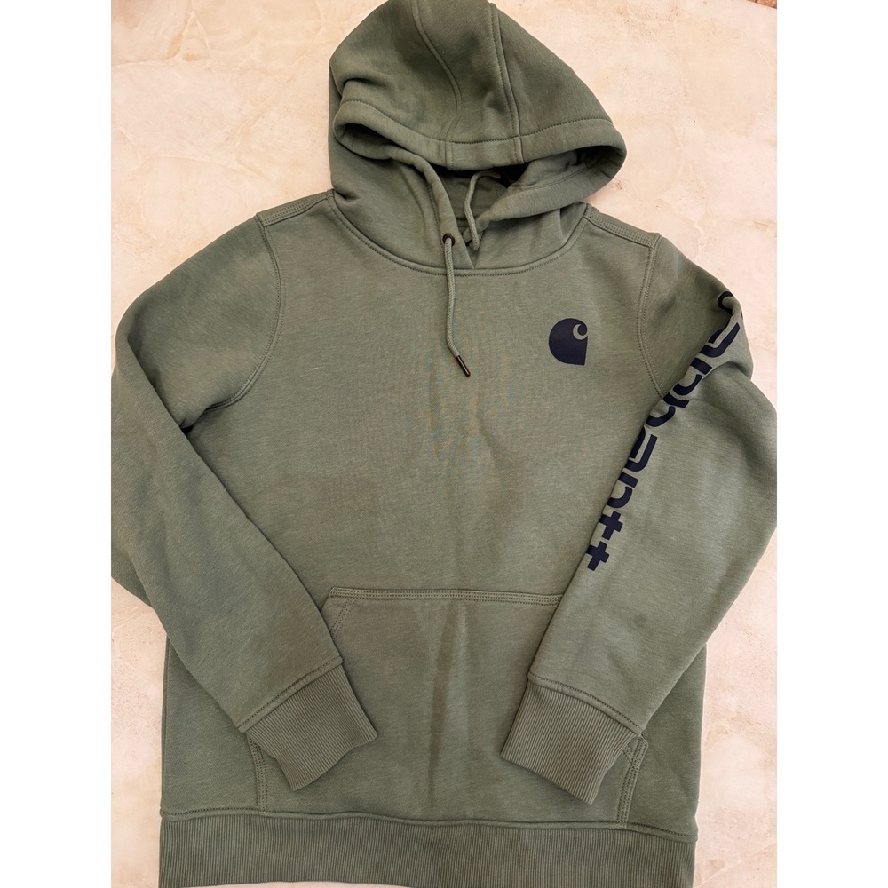 Carhartt Boys Sage Green Relaxed Fit Logo Sleeve Hoodie Sweatshirt Size M 8-10